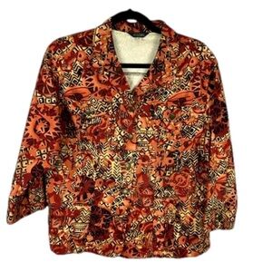 Attitude Artsy Aztec Button Front Embellished Jacket Large Petite Brown Orange